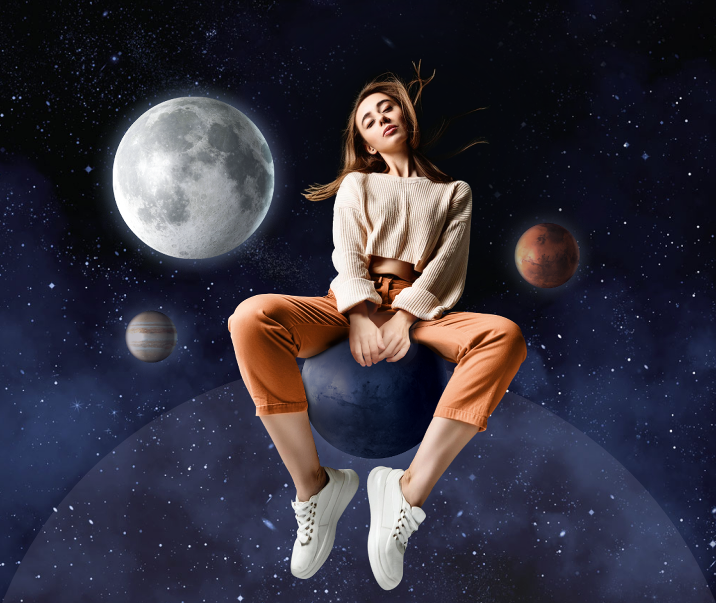 Frau sitzt auf dem Mond